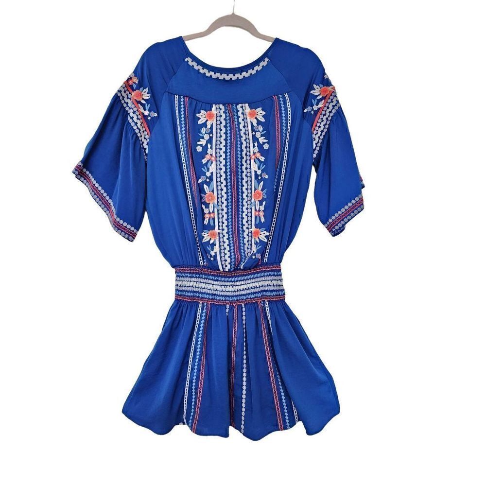 Parker royal blue boho embroidered drop waist dress tunic size small - Picture 2 of 9